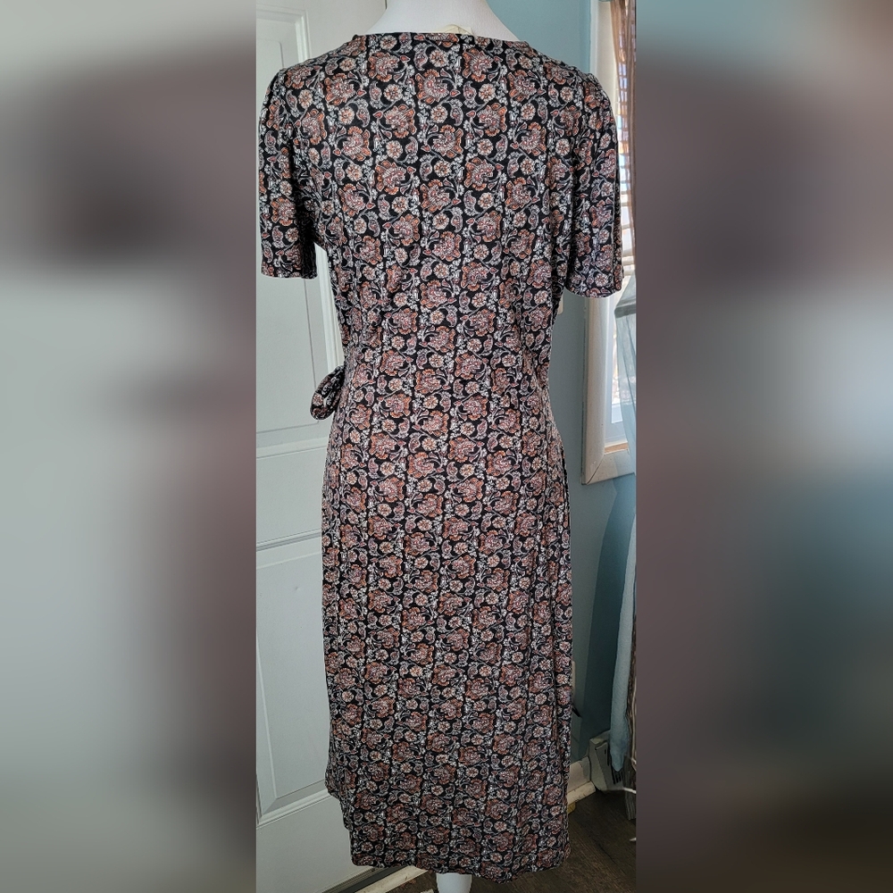 Boden Knot Front Jersey Midi Dress Womens 8P Black White Rust Boho Floral Stretc - Picture 3 of 13